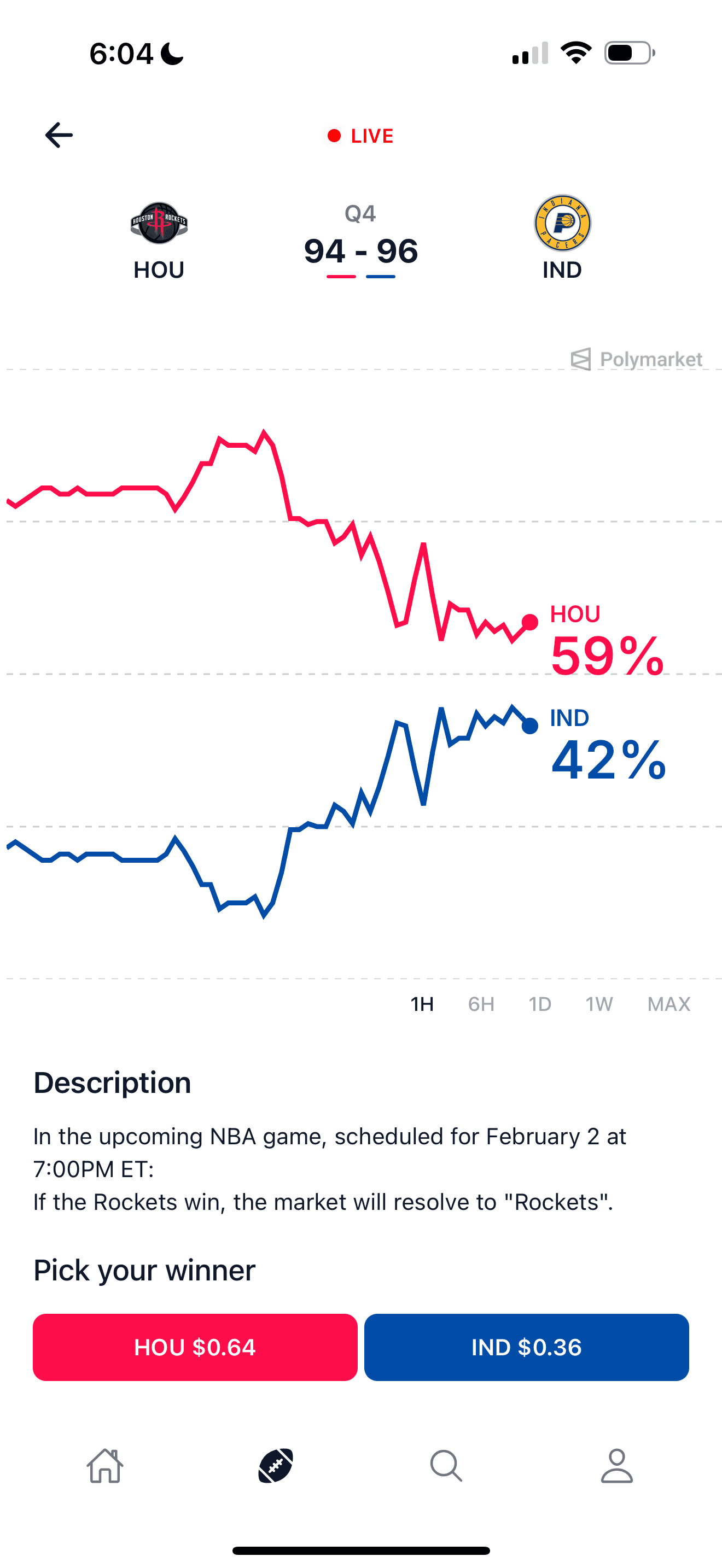 Sports prediction market screenshot